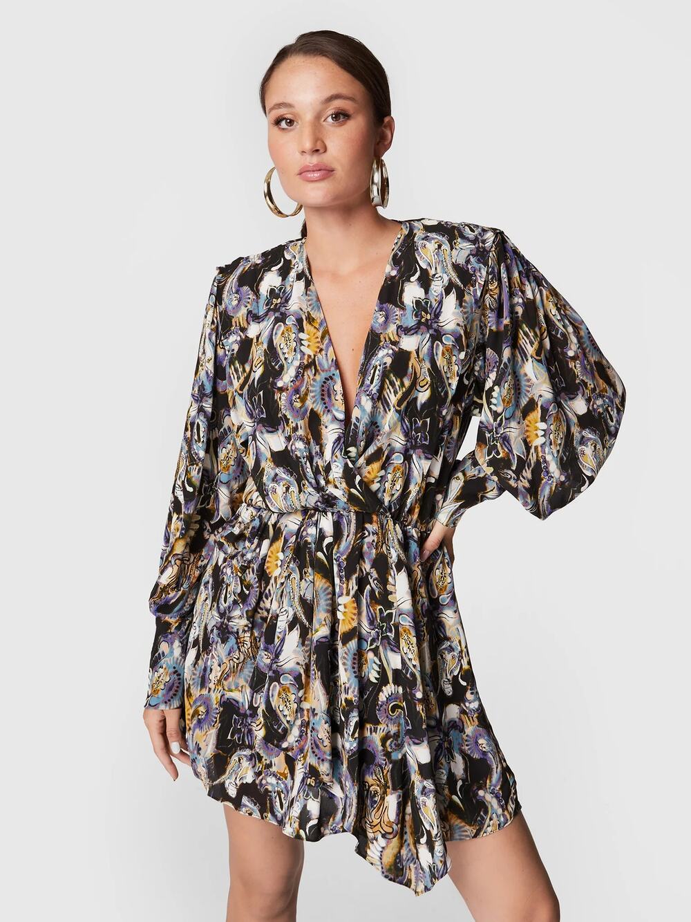 IRO Womens Damie Day Dress Faux Wrap Long Sleeve V-Neck Black Purple Size 42